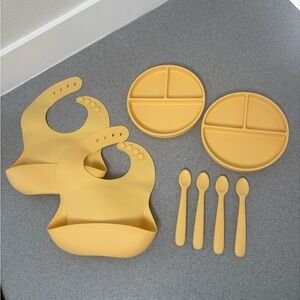 Mushie Baby Silicone Bib Plate Spoon Lot in Sunshine and Daffodil Yellow